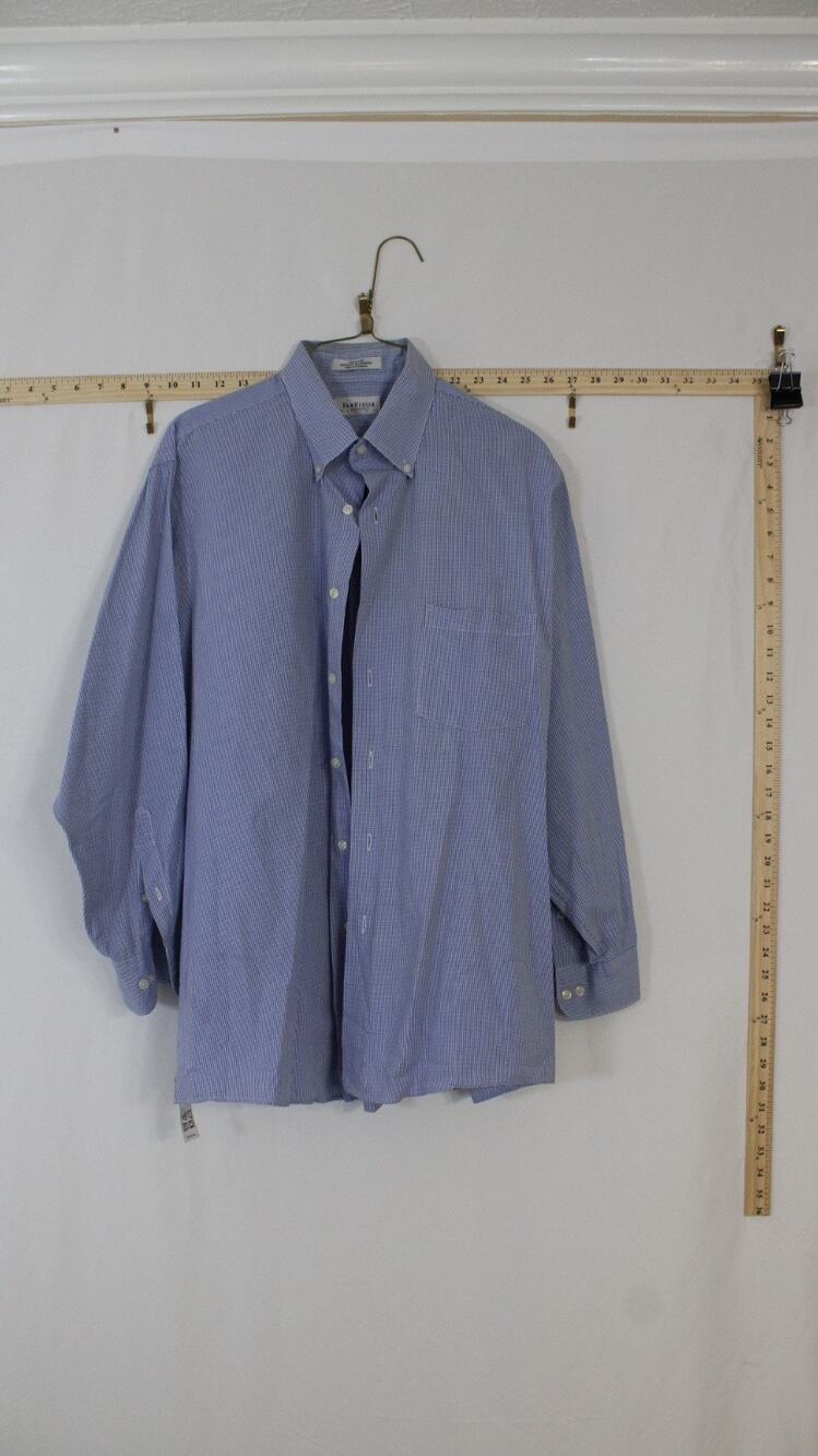 Van Heusen Dinner Dress Shirt Mens 17 32/33 Blue White Gingham Check Long Sleeve